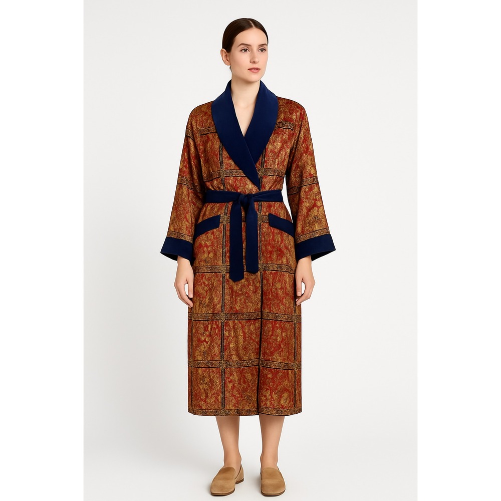 Victoria Secret Vintage-Inspired Tapestry Robe‎ with Navy Satin Trim & Belted